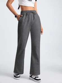 Exploreva Celana Outdoor Wanita Warna Polos dengan Ikat Pinggang, Saku, dan Potongan Lebar - Dark Grey - View 6