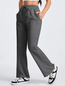 Exploreva Celana Outdoor Wanita Warna Polos dengan Ikat Pinggang, Saku, dan Potongan Lebar - Dark Grey - View 3