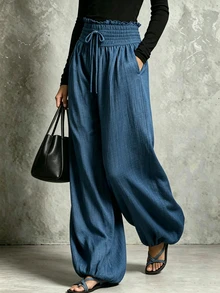 SHEIN Celana Panjang Wanita Model Lentera Berwarna Biru Pudar Bertekstur Vintage, Hem Bergelombang, Pinggang Elastis dengan Tali Serut, Potongan Kaki Lebar, Celana Panjang Kasual Gaya Bohemian untuk Liburan Pantai - Biru - View 5
