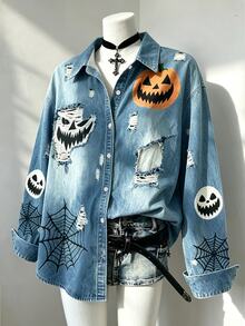 Lalippa Halloween Ripped Denim Effect Shirt For Women, Pumpkin And Spider Print Loose Vintage Distressed Long-Sleeve Jacket - Multicolor - View 3