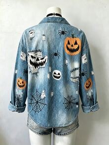 Lalippa Halloween Ripped Denim Effect Shirt For Women, Pumpkin And Spider Print Loose Vintage Distressed Long-Sleeve Jacket - Multicolor - View 2