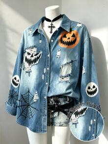 Lalippa Halloween Ripped Denim Effect Shirt For Women, Pumpkin And Spider Print Loose Vintage Distressed Long-Sleeve Jacket - Multicolor - View 1
