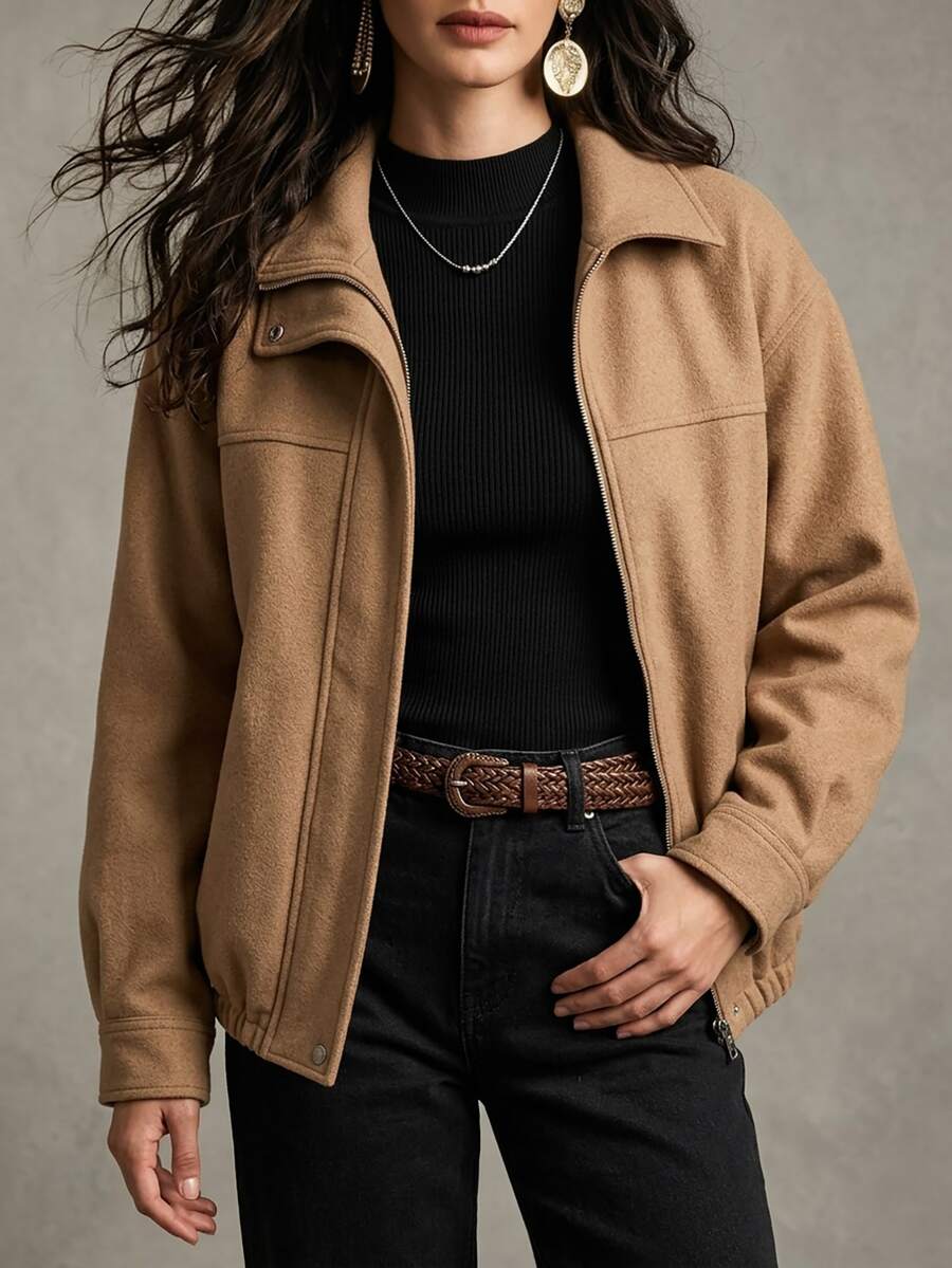SHEIN 女款純色長袖休閒小眾設計極簡夾克 辦公室穿搭 駝色 秋季 - 卡其色 - 查看 1