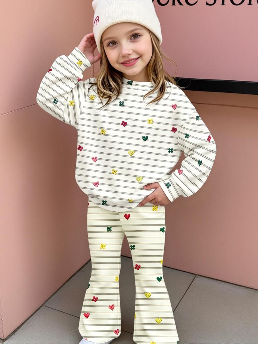 Girls Fashion Creative Minimalist Colorful Small Heart Print Crew Neck Sweatshirt & Colorful Small Heart Flared Pants Set - Multicolor - View 1