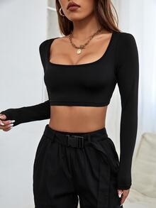SHEIN PETITE Solid Casual Scoop Neck Crop Spring Women Top ,Petite Women - Black - View 3