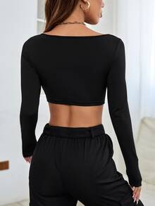 SHEIN PETITE Solid Casual Scoop Neck Crop Spring Women Top ,Petite Women - Black - View 2