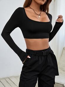 SHEIN PETITE Solid Casual Scoop Neck Crop Spring Women Top ,Petite Women - Black - View 7