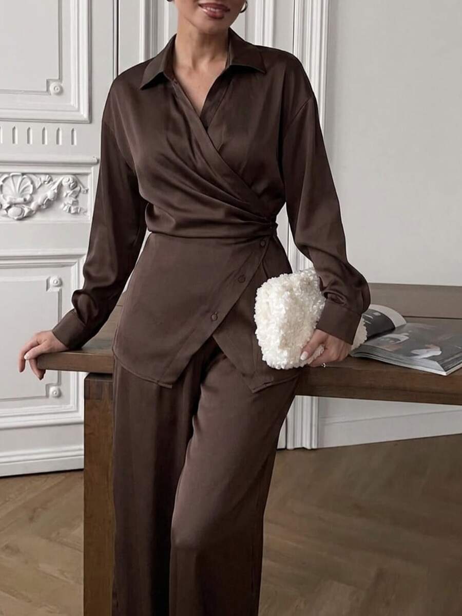 Firerie Women's Fall Cinched Waist Tie Blouse And Loose Long Pants Set Business Going Out