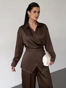 Firerie Women's Fall Cinched Waist Tie Blouse And Loose Long Pants Set Business Going Out - Brown - View 11