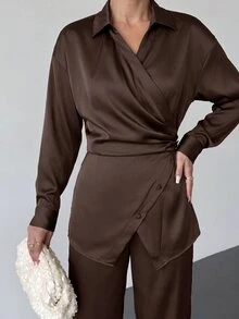 Firerie Women's Fall Cinched Waist Tie Blouse And Loose Long Pants Set Business Going Out - Brown - View 13