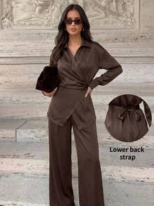 Firerie Women's Fall Cinched Waist Tie Blouse And Loose Long Pants Set Business Going Out - Brown - View 3