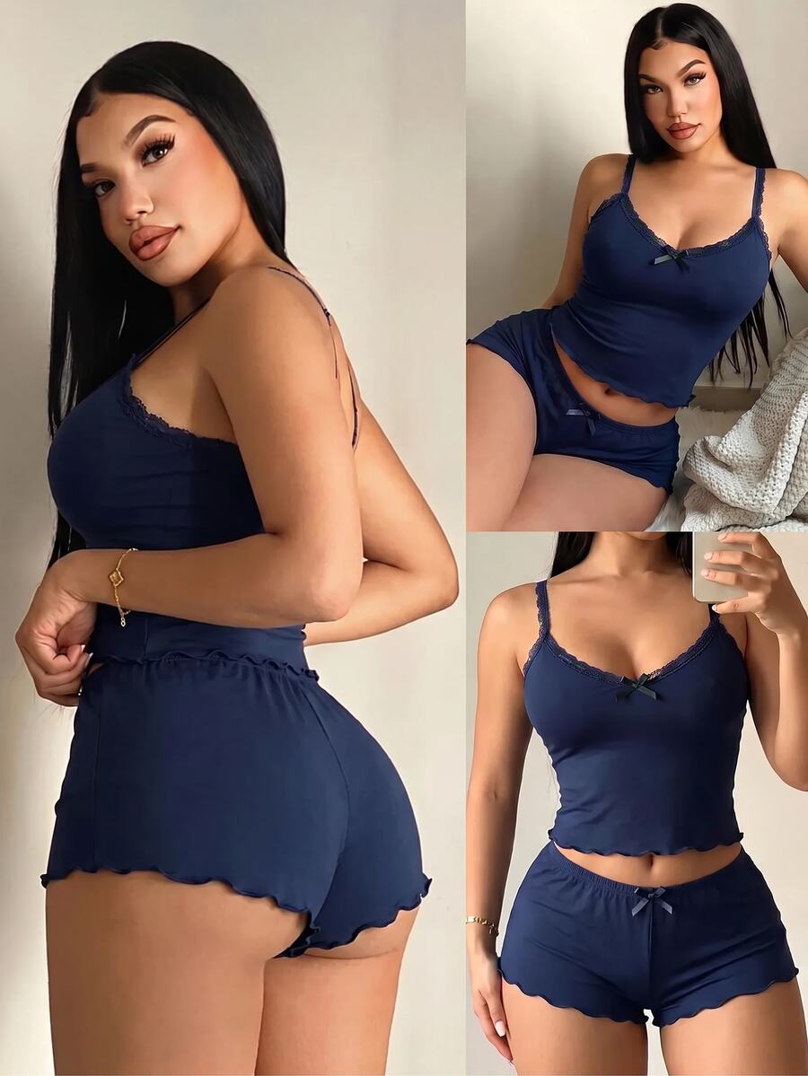 SHEIN SXY 大尺碼女款休閒圓點睡衣套裝 - 吊帶上衣 + 短褲，2件組圓點睡衣套裝 女款圓點睡衣套裝 可愛蝴蝶結 性感
