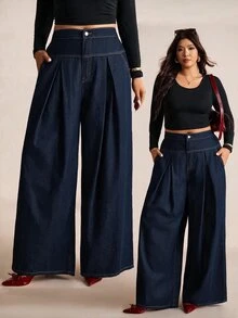 Elaquor 大尺碼女款百褶休閒百搭日常牛仔褲 - 深色水洗藍 - 查看 3