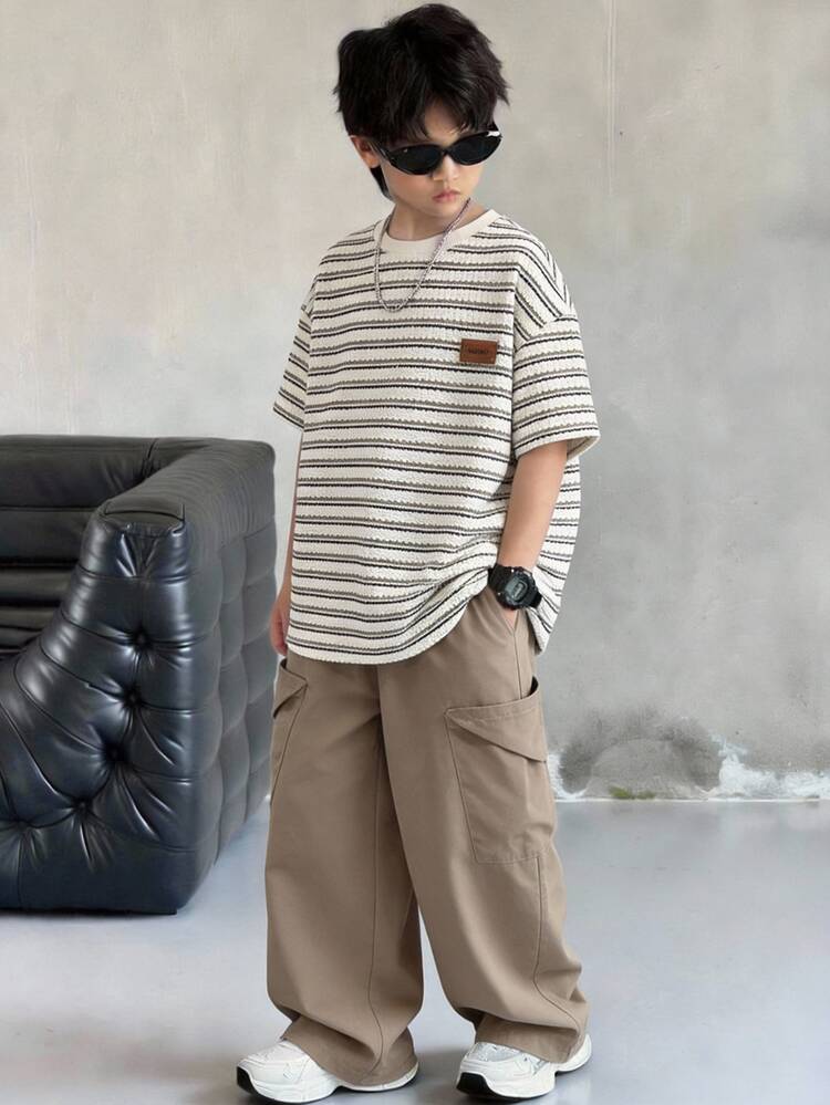 2pcs Kids/Tween Boys Casual Striped Crew Neck Pullover Short Sleeve Loose T-Shirt And Straight Leg Loose Pocket Pants Set - Multicolor - View 1
