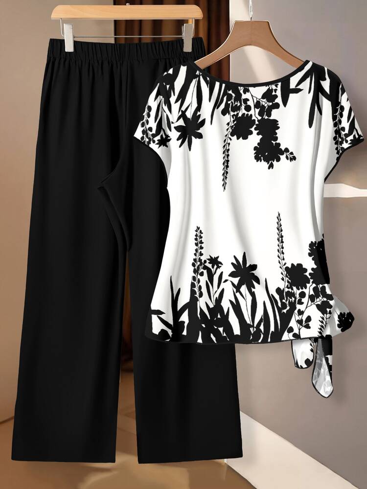 Comfylo Casual Romantic Floral Print Plus Size Women's Black 2 Pieces Set, Party - Multicolor - View 3