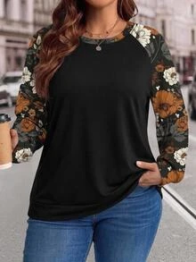 EMERY ROSE Casual Romantic Floral Print Plus Size Women's Autumn/Winter Raglan Sleeve Black Sweatshirt Fall - Multicolor - View 1