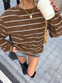 Muchica 女款條紋休閒街頭風百搭日常長袖衛衣，棕色秋季感恩節日間穿搭 - 咖啡棕 - 查看 3