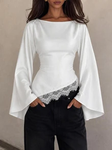 SHEIN Tall Elegant Lace-Panelled Shirt With Asymmetrical Hem For Tall Women (Waist-Defining Fit) - White - View 1