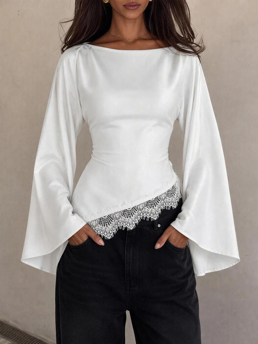 SHEIN Tall Elegant Lace-Panelled Shirt With Asymmetrical Hem For Tall Women (Waist-Defining Fit) - White - View 1