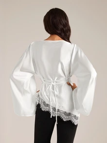 SHEIN Tall Elegant Lace-Panelled Shirt With Asymmetrical Hem For Tall Women (Waist-Defining Fit) - White - View 2