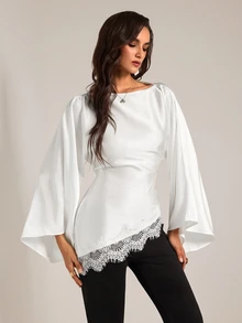 SHEIN Tall Elegant Lace-Panelled Shirt With Asymmetrical Hem For Tall Women (Waist-Defining Fit) - White - View 5