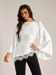 SHEIN Tall Elegant Lace-Panelled Shirt With Asymmetrical Hem For Tall Women (Waist-Defining Fit) - White - View 7