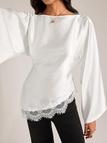 SHEIN Tall Elegant Lace-Panelled Shirt With Asymmetrical Hem For Tall Women (Waist-Defining Fit) - White - View 6
