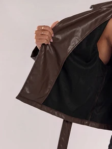 SHEIN BAE 女款純色腰部綁帶休閒百搭風衣外套 - 咖啡棕 - 查看 7
