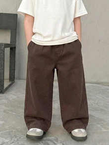 SHEIN Little Byeori Kids Tween Boy Coffee Brown Loose And Comfortable Wide-Leg Jeans Halloween And Black To School - Coffee Brown - View 5