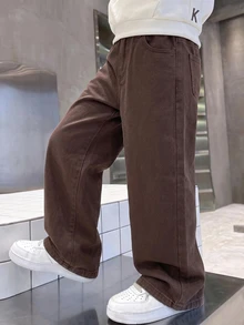 SHEIN Little Byeori Kids Tween Boy Coffee Brown Loose And Comfortable Wide-Leg Jeans Halloween And Black To School - Coffee Brown - View 3