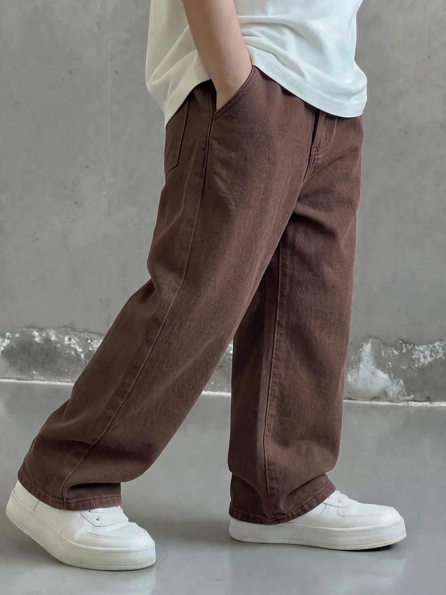 SHEIN Little Byeori Kids Tween Boy Coffee Brown Loose And Comfortable Wide-Leg Jeans Halloween And Black To School - Coffee Brown - View 1