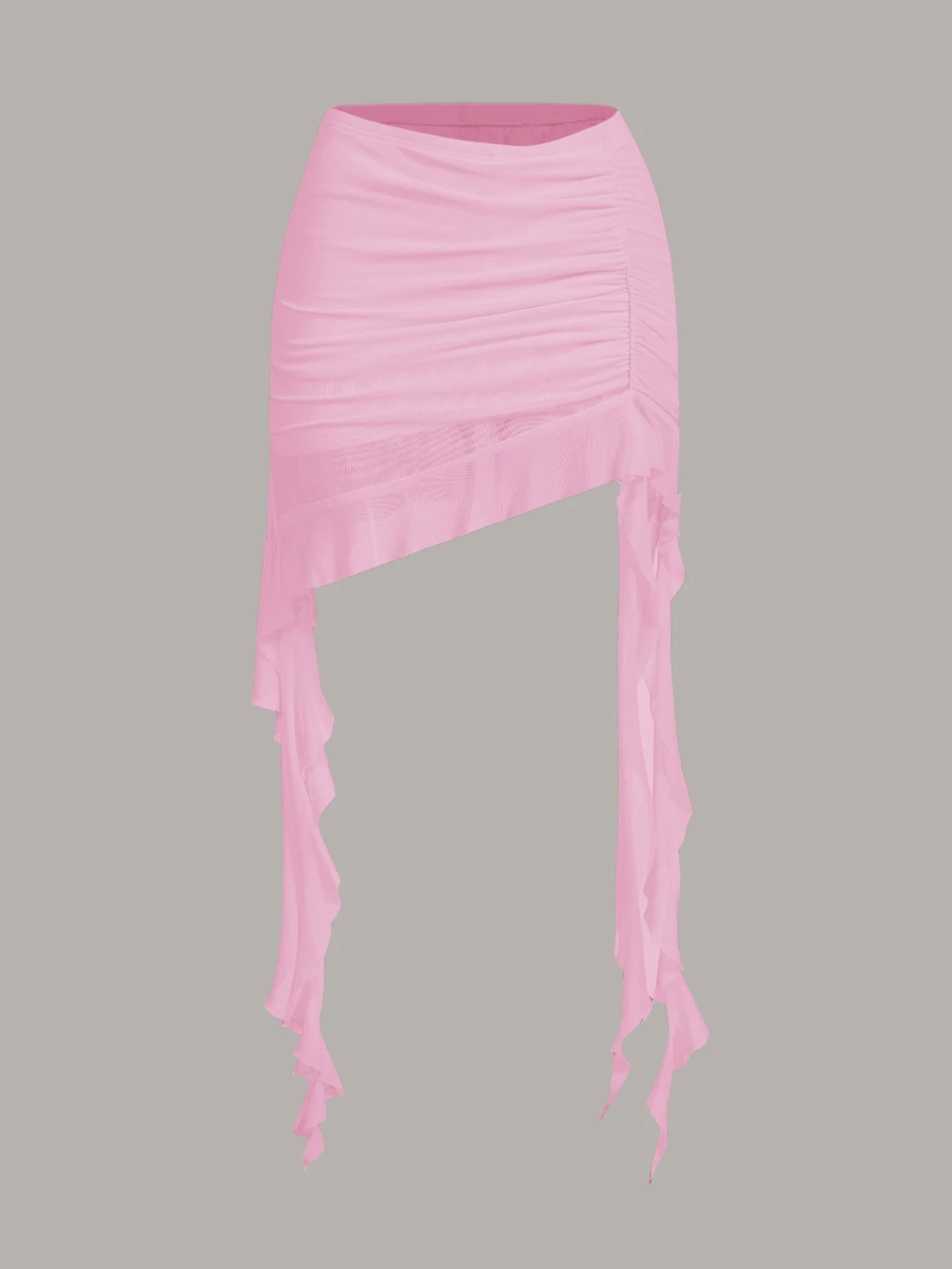 SHEIN ICON Women's Solid Color Slim Fit Asymmetrical Hem Seaweed Frill Pleated Skirt - Pink - View 1