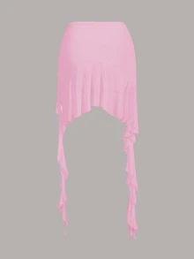 SHEIN ICON Women's Solid Color Slim Fit Asymmetrical Hem Seaweed Frill Pleated Skirt - Pink - View 2