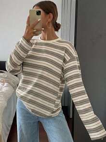 DAZY Striped Loose Fit Long Sleeve Round Neck T-Shirt For Women Oversized - Green - View 4