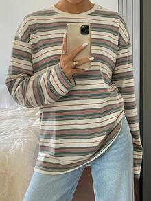 DAZY Striped Loose Fit Long Sleeve Round Neck T-Shirt For Women Oversized - Green - View 3