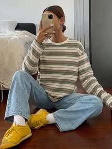 DAZY Striped Loose Fit Long Sleeve Round Neck T-Shirt For Women Oversized - Green - View 5