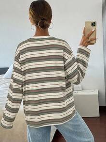 DAZY Striped Loose Fit Long Sleeve Round Neck T-Shirt For Women Oversized - Green - View 2