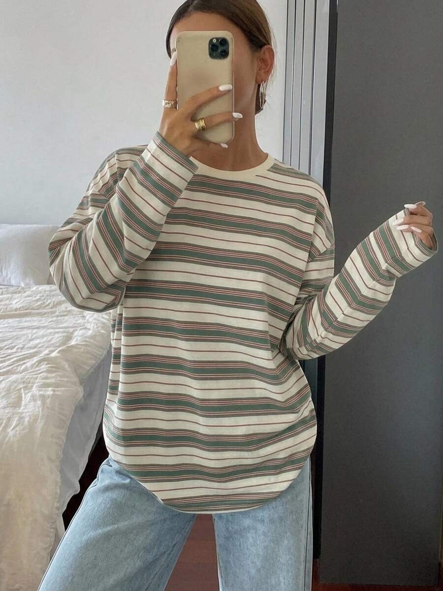 DAZY Striped Loose Fit Long Sleeve Round Neck T-Shirt For Women Oversized - Green - View 1