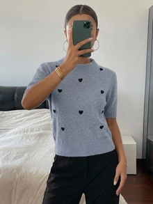 DAZY 心形装饰宽松短袖圆领休闲针织上衣，女款，春秋季 - 霧霾藍 - 查看 6