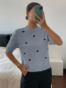 DAZY 心形装饰宽松短袖圆领休闲针织上衣，女款，春秋季 - 霧霾藍 - 查看 7