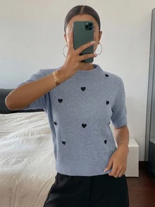 DAZY 心形装饰宽松短袖圆领休闲针织上衣，女款，春秋季 - 霧霾藍 - 查看 1