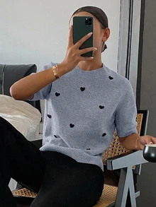 DAZY 心形装饰宽松短袖圆领休闲针织上衣，女款，春秋季 - 霧霾藍 - 查看 3