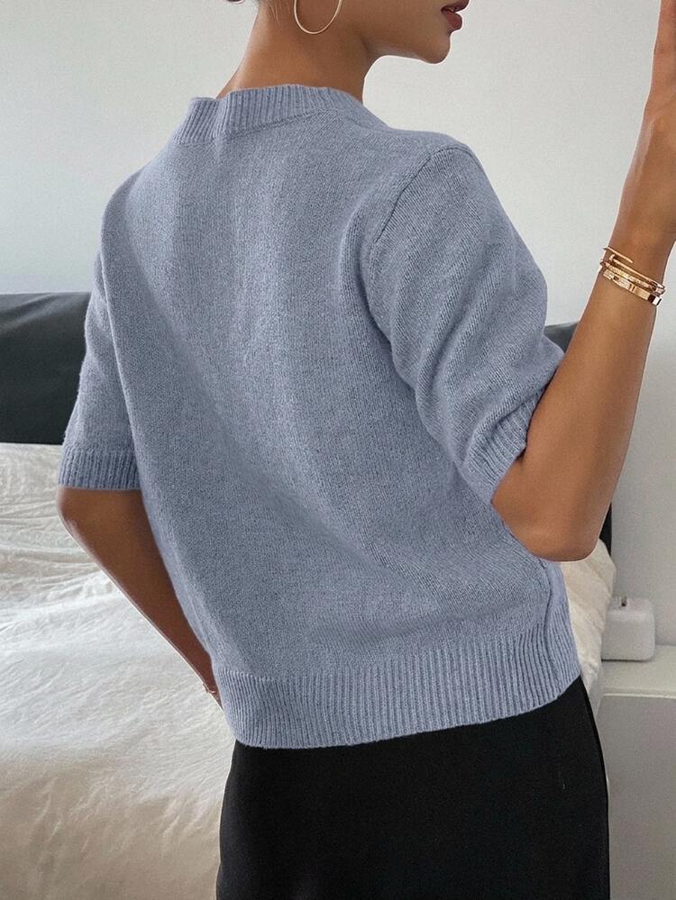 DAZY Heart Decor Loose Fit Short Sleeve Crew Neck Casual Knit Top For Women, Spring/Autumn - Dusty Blue - View 2