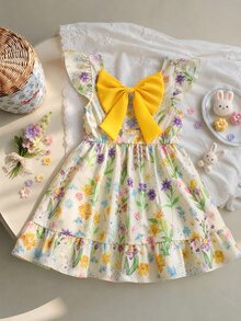 SHEIN Elladie kids Girls Elegant Fairy Fairy Floral Print Dress, Butterfly Summer Vacation Holiday,Flutter Sleeve Hollow Back Bow Ruffle School Uniform For Girl - Yellow - View 3