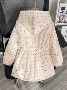 SHEIN 女童冬季加厚棉服外套，附拉鍊、連帽，杏色波點與碎花圖案，抓絨內裡，加厚修身收腰款，含口袋 - 卡其色 - 查看 3