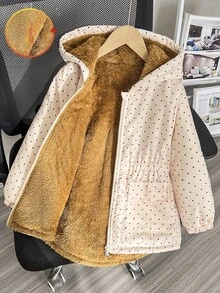 SHEIN 女童冬季加厚棉服外套，附拉鍊、連帽，杏色波點與碎花圖案，抓絨內裡，加厚修身收腰款，含口袋 - 卡其色 - 查看 4