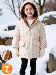 SHEIN 女童冬季加厚棉服外套，附拉鍊、連帽，杏色波點與碎花圖案，抓絨內裡，加厚修身收腰款，含口袋 - 卡其色 - 查看 2