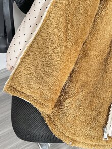 SHEIN 女童冬季加厚棉服外套，附拉鍊、連帽，杏色波點與碎花圖案，抓絨內裡，加厚修身收腰款，含口袋 - 卡其色 - 查看 11