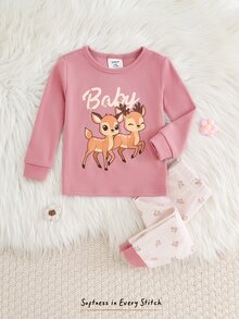 SHEIN 女嬰睡衣 卡通北歐鹿花紋 休閒極簡長袖長褲修身家居服 適合秋冬 - 彩色 - 查看 4
