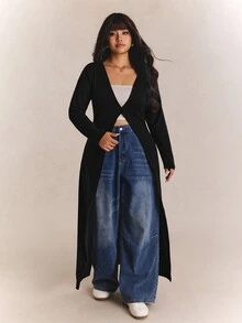 CovetEZ Plus Size Solid Color Slim Fit Button Up Casual Cardigan,Fall Clothes For Women Winter Autumn Office Black - Black - View 4